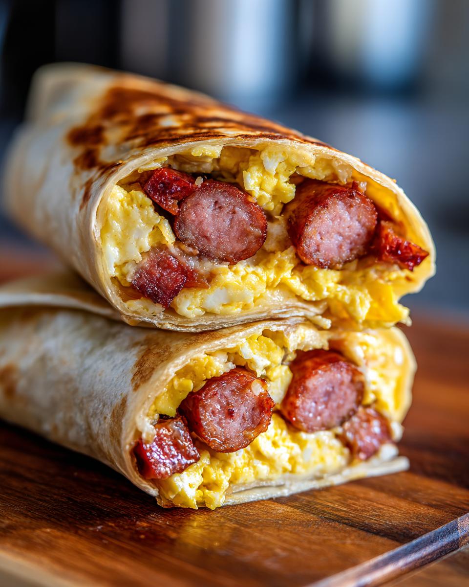 Close-up of two stacked sausage breakfast burritos cut in half, revealing scrambled eggs and sausage.