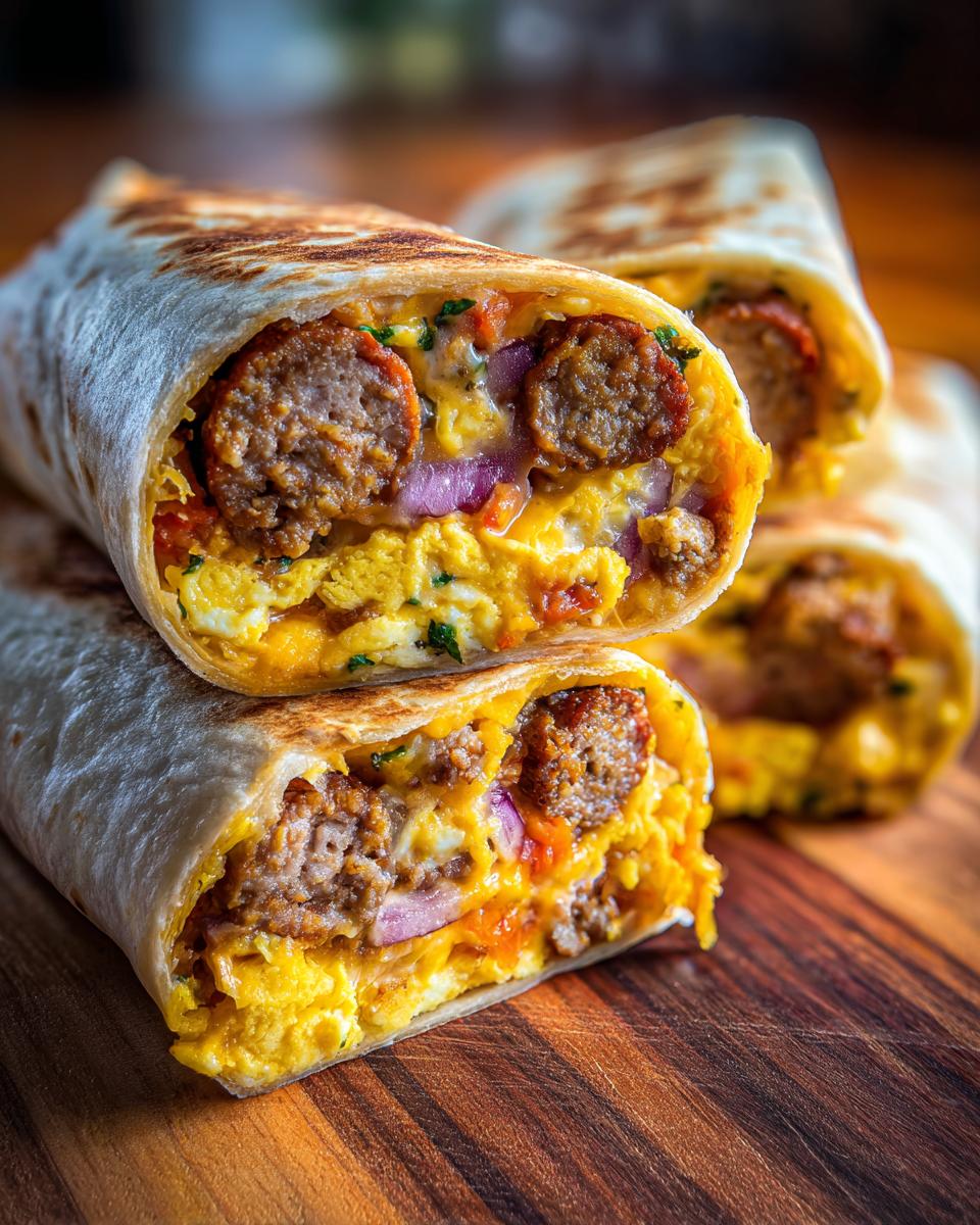 Close-up of a stack of three sausage breakfast burritos, filled with scrambled eggs, sausage, cheese, and red onion.