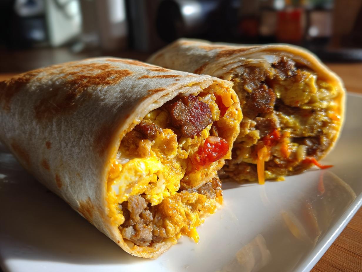 Close-up of two halves of a sausage breakfast burrito, filled with scrambled eggs, sausage, and red peppers.