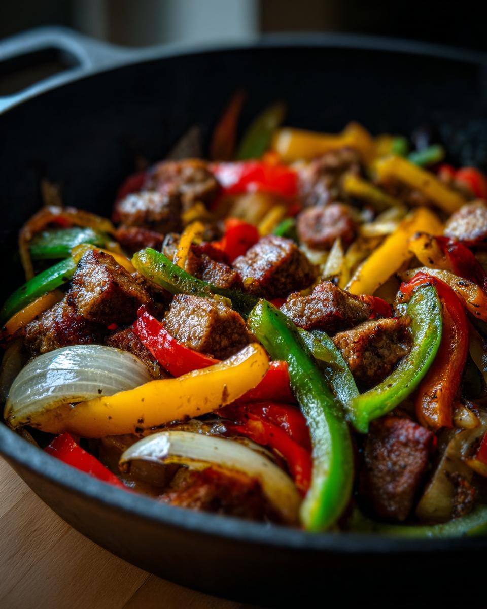 Close-up of sausage and peppers cooked in a cast-iron skillet, part of easy dinner recipes.
