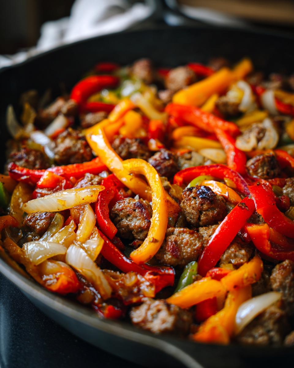 Close-up of sausage and peppers cooked in a cast-iron skillet, an easy dinner recipe.