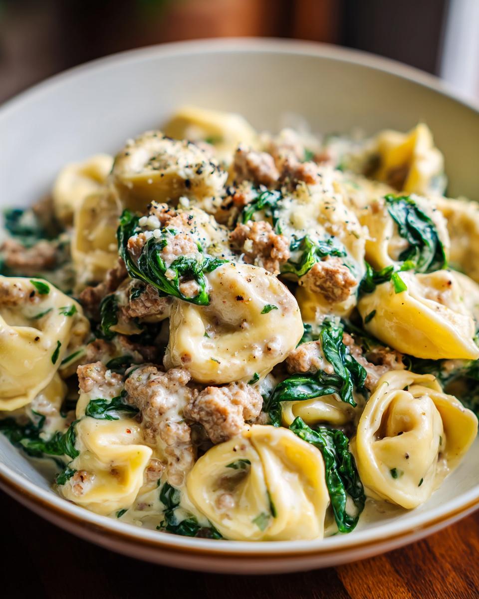 Close-up of sausage spinach tortellini in a creamy sauce, sprinkled with cheese and black pepper.