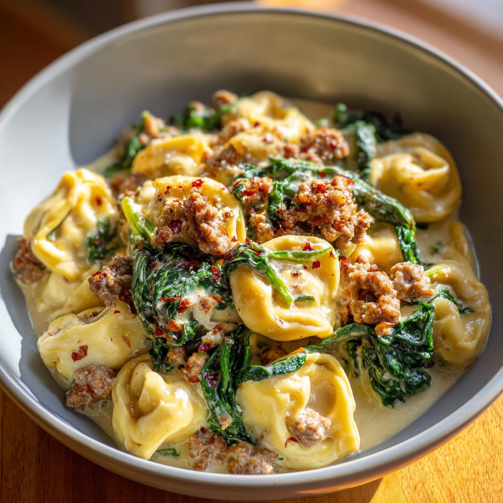 A close-up of sausage spinach tortellini in a creamy sauce, garnished with red pepper flakes.