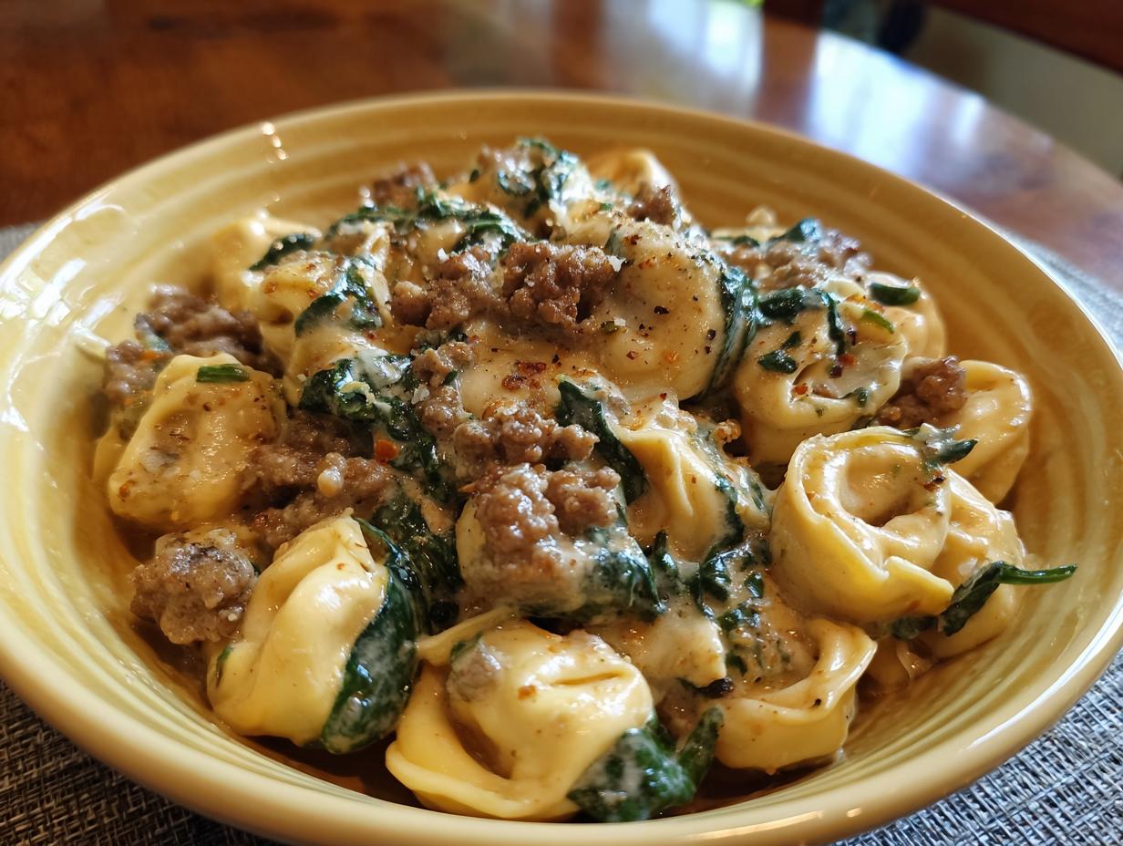 A close-up of sausage spinach tortellini in a creamy sauce, making the pasta feel fancy.