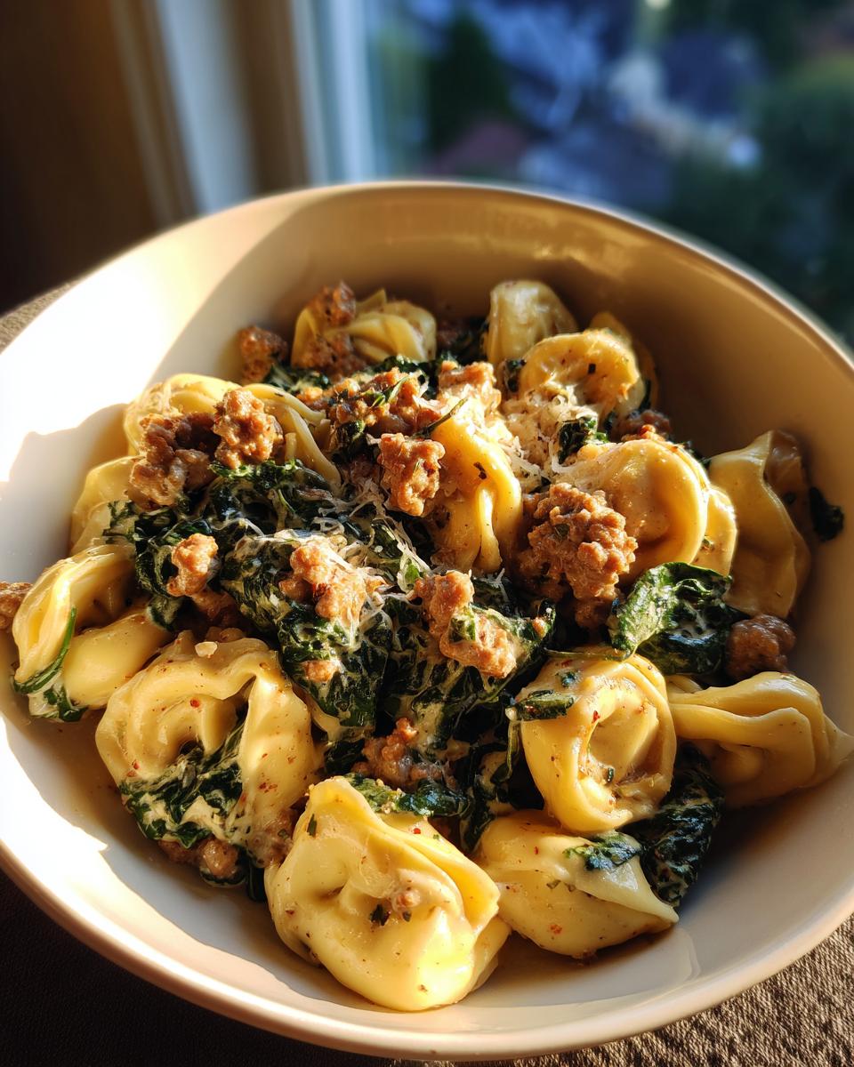 A close-up of a bowl filled with sausage spinach tortellini pasta, featuring creamy sauce and crumbled sausage.