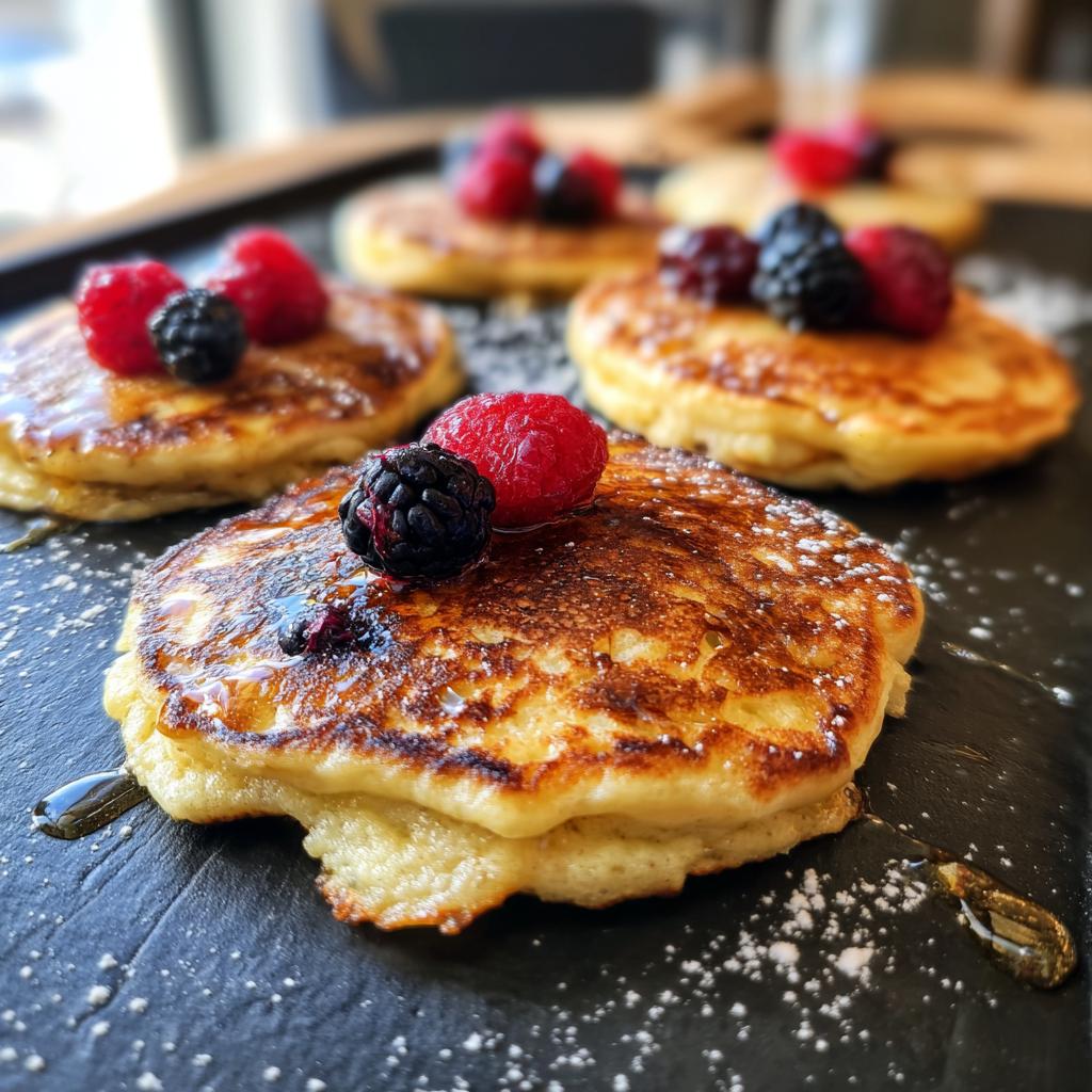 Close-up of fluffy sheet pan pancakes topped with fresh raspberries and blackberries, drizzled with syrup.