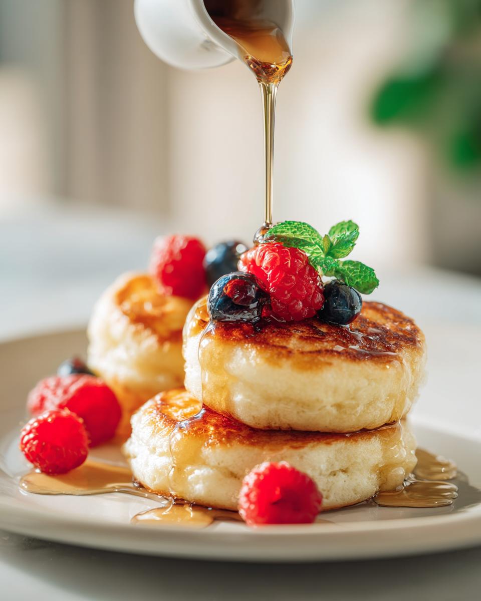 Stack of fluffy sheet pan pancakes drizzled with syrup and topped with fresh berries and mint.