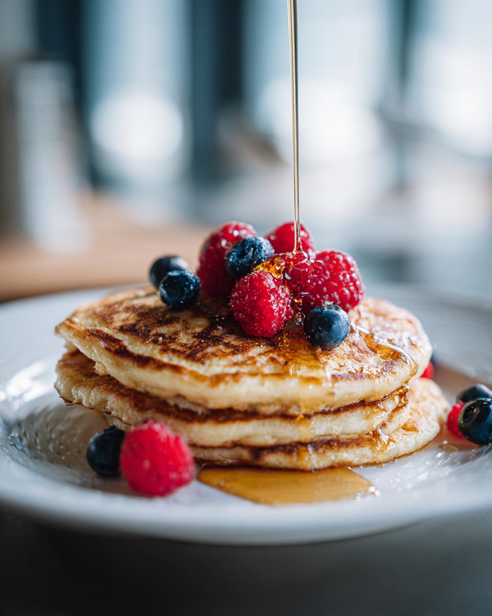 A stack of sheet pan pancakes topped with fresh raspberries, blueberries, and drizzled with syrup.