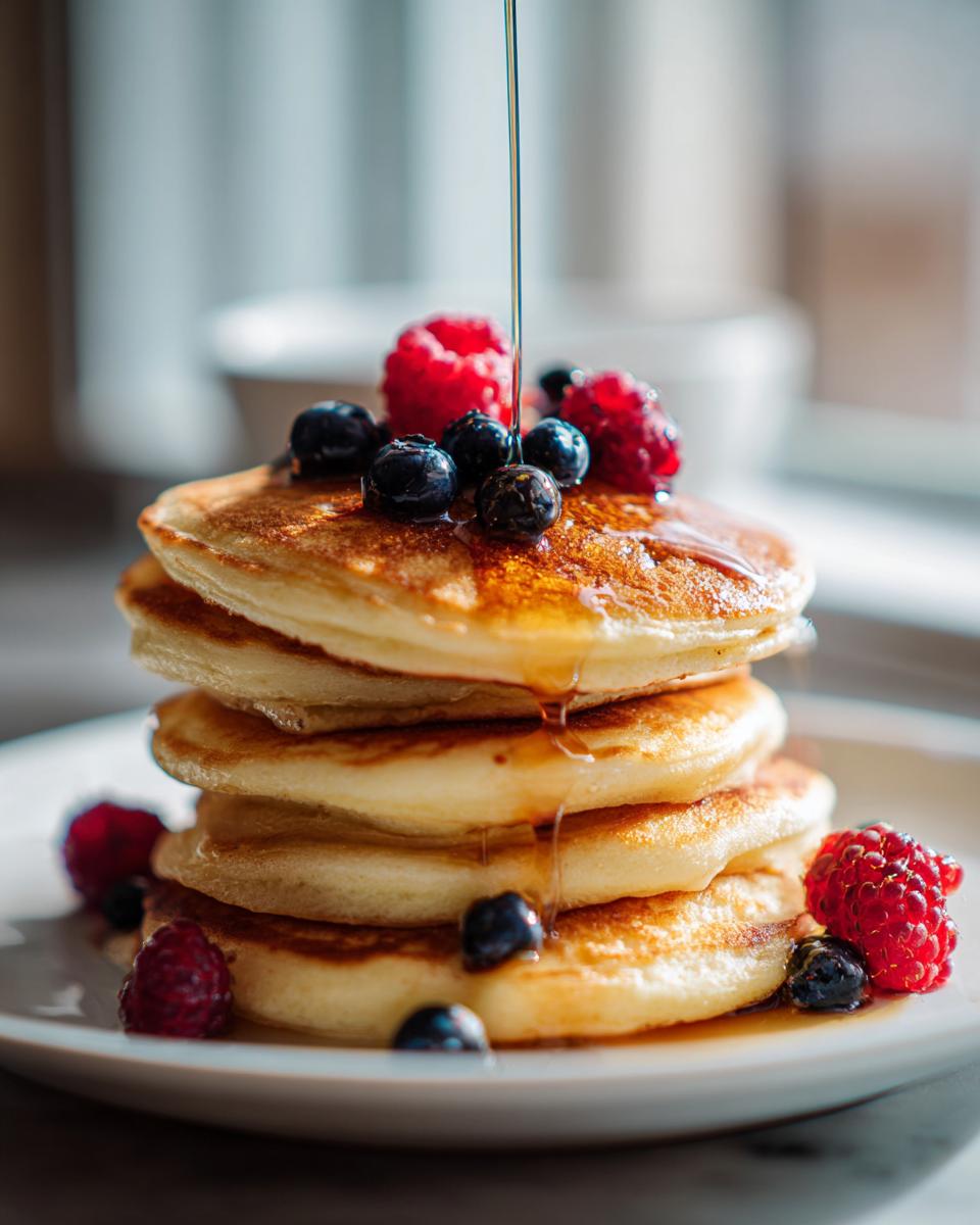 A stack of fluffy sheet pan pancakes topped with fresh blueberries and raspberries, with syrup being drizzled over them.