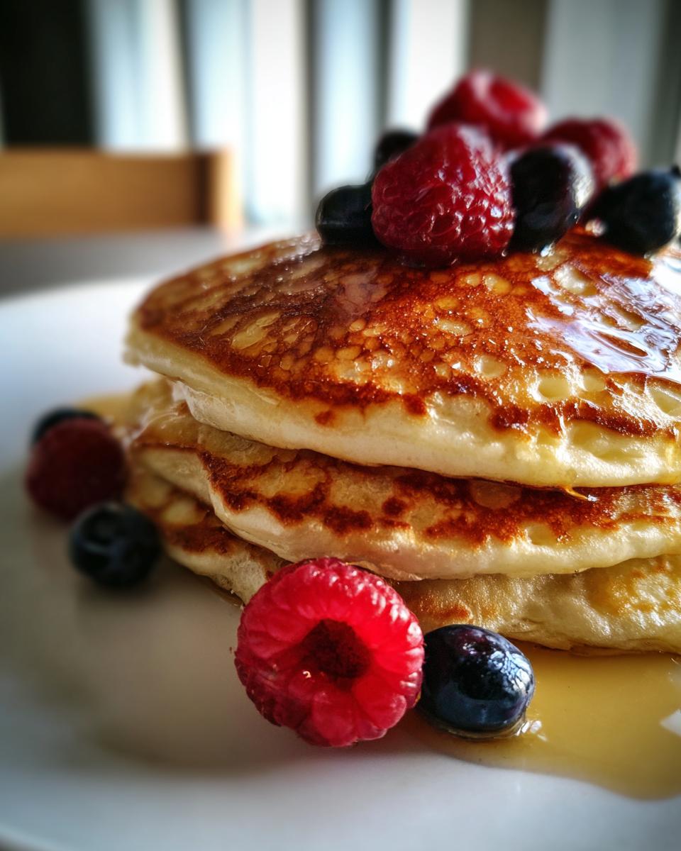 A stack of golden-brown sheet pan pancakes topped with fresh raspberries and blueberries, drizzled with syrup.