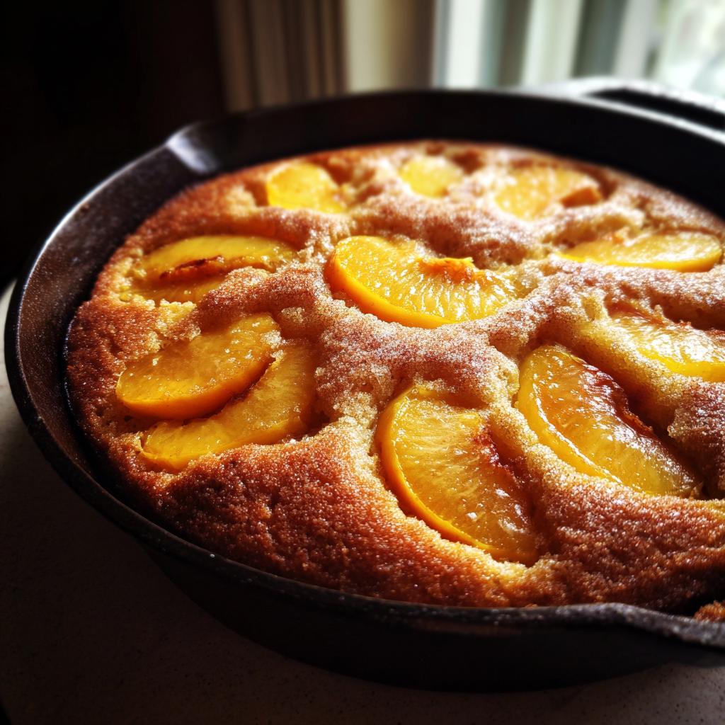 Close-up of a golden-brown skillet cake topped with juicy, sliced summer fruit, showcasing a delicious peach recipe.