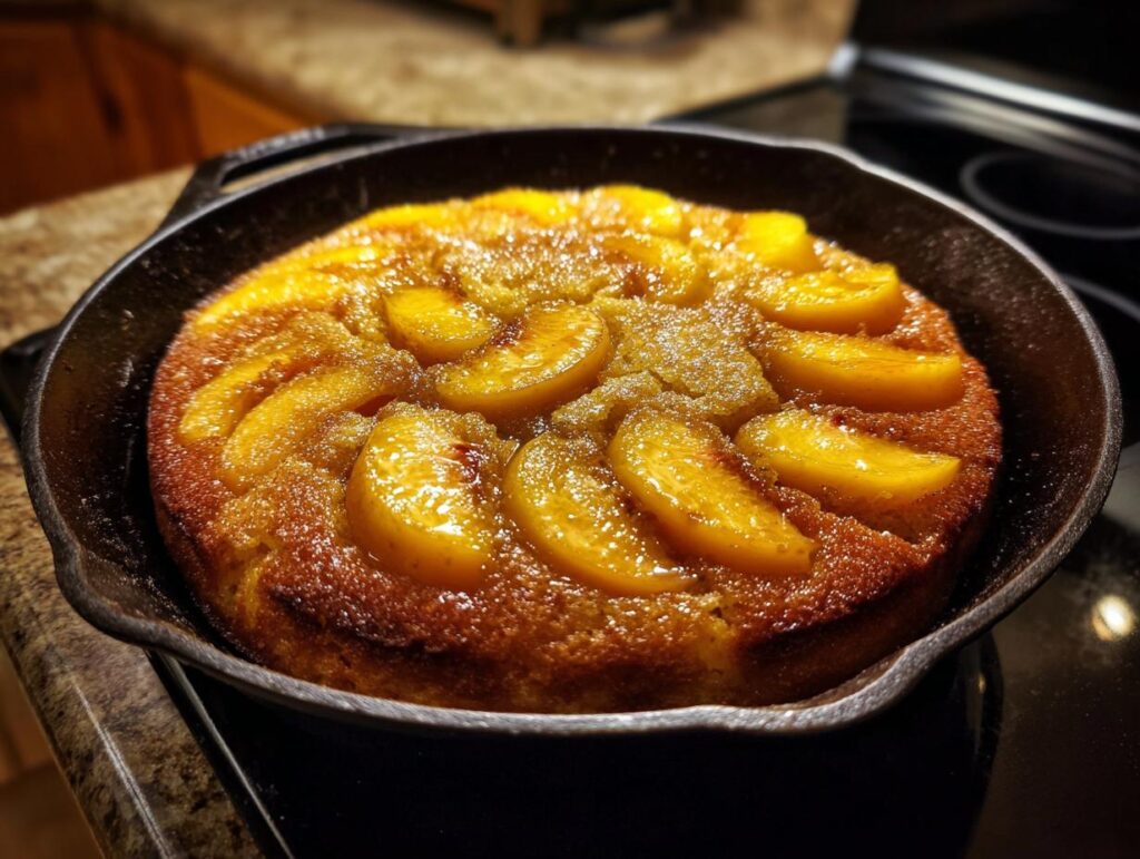 Close-up of a golden-brown skillet cake topped with glistening, sliced soft summer fruit, likely peaches.