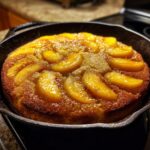 Close-up of a golden-brown skillet cake topped with glistening, sliced soft summer fruit, likely peaches.