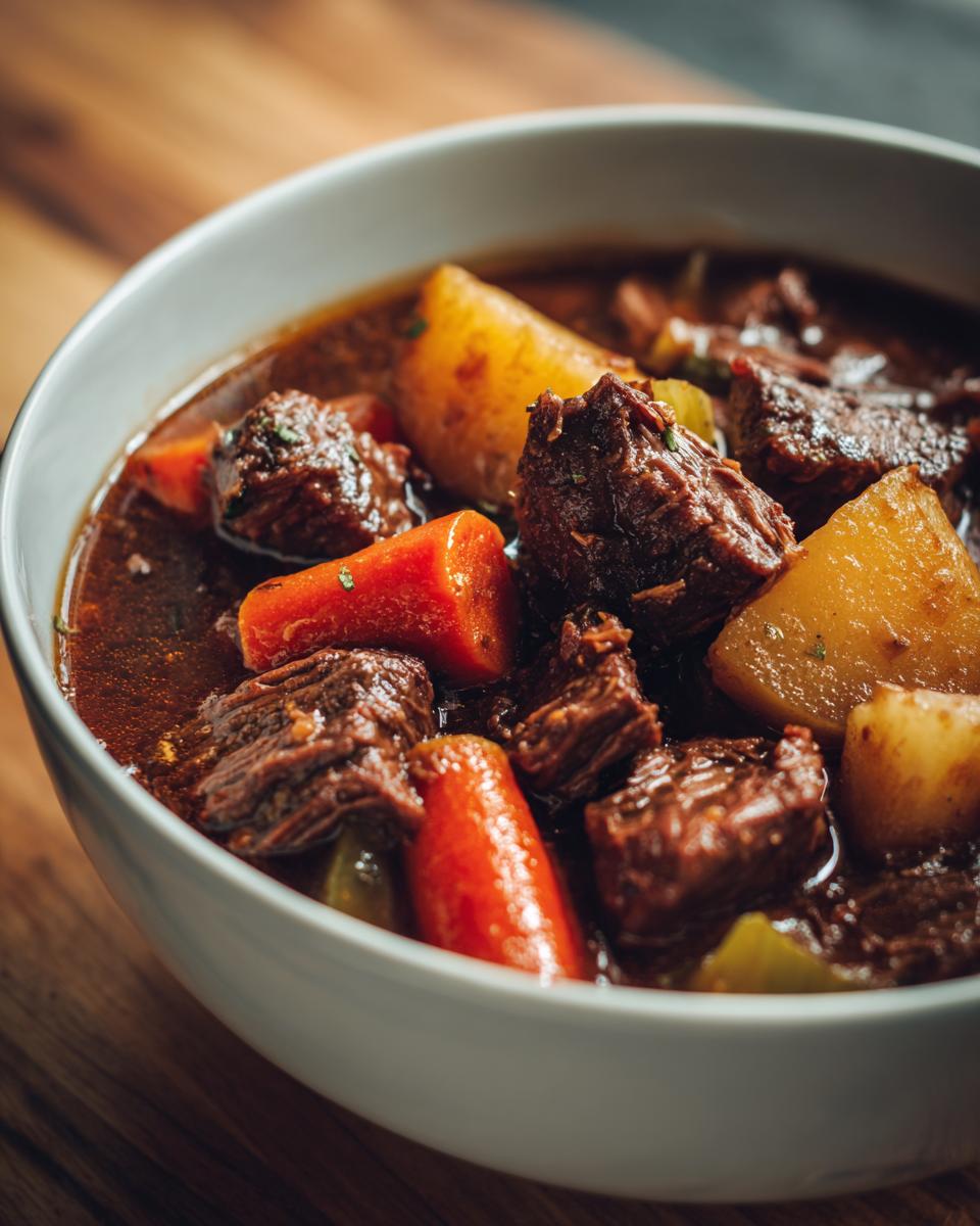 A close-up of a bowl filled with rich slow cooker beef stew, featuring tender beef chunks, potatoes, and carrots in a savory broth.