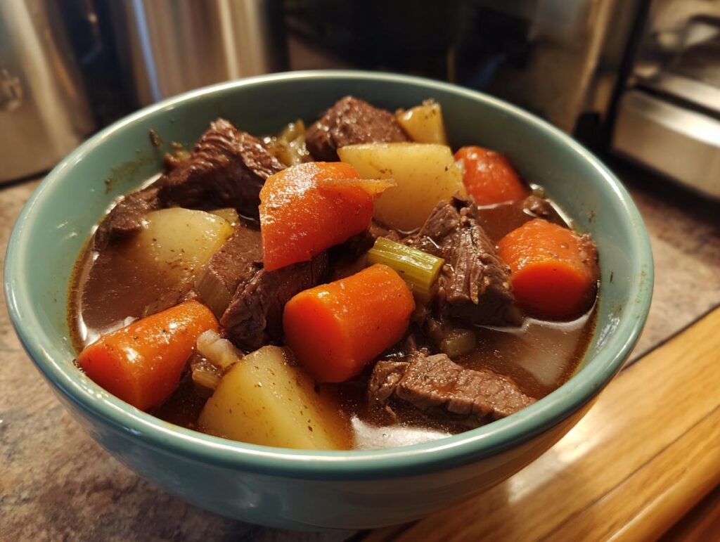 A close-up of a bowl filled with rich slow cooker beef stew, featuring tender beef chunks, carrots, and potatoes in a savory broth.