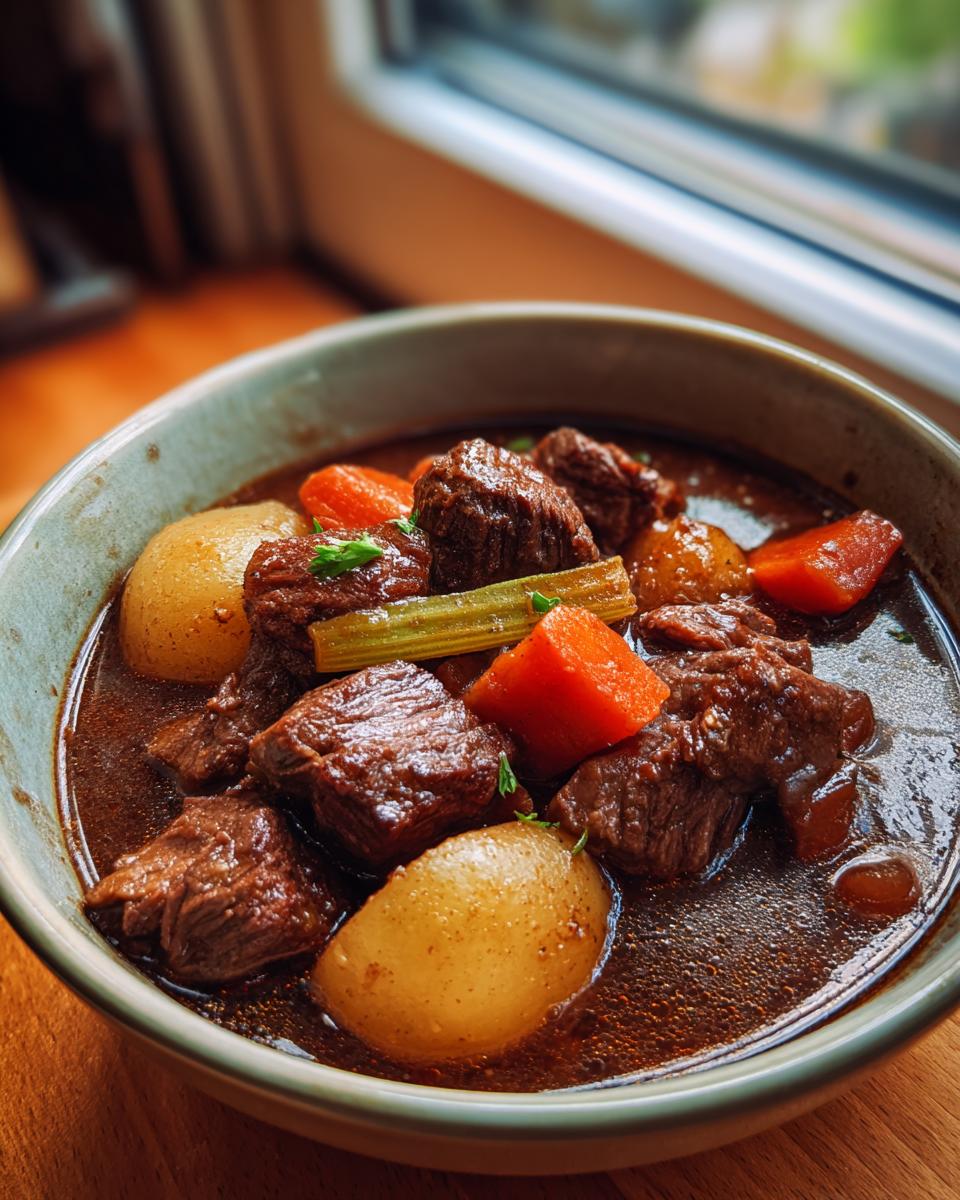 A close-up of a bowl of rich slow cooker beef stew, featuring tender beef chunks, potatoes, carrots, and celery in a dark, savory broth.