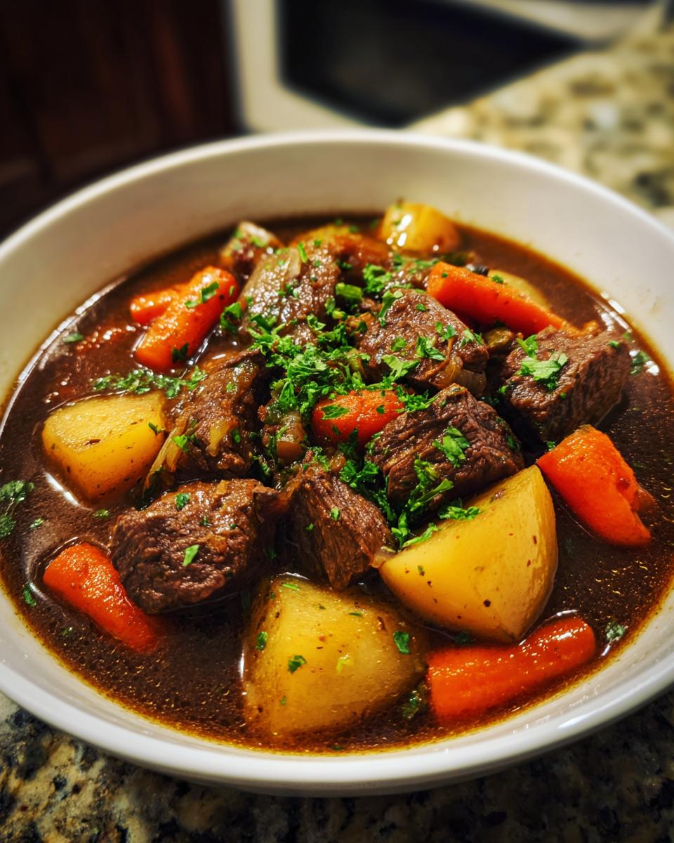 A bowl of rich slow cooker beef stew, featuring tender beef chunks, potatoes, carrots, and fresh parsley garnish.