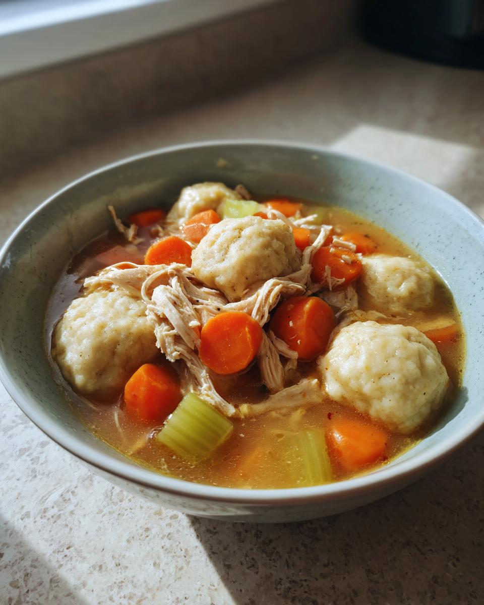 A close-up of a bowl of slow cooker chicken and dumplings, featuring shredded chicken, carrots, celery, and fluffy dumplings in broth.