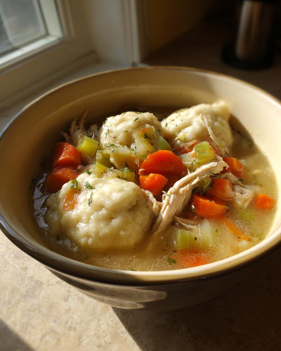 A close-up of a bowl of slow cooker chicken and dumplings, featuring fluffy dumplings, shredded chicken, carrots, and celery in broth.