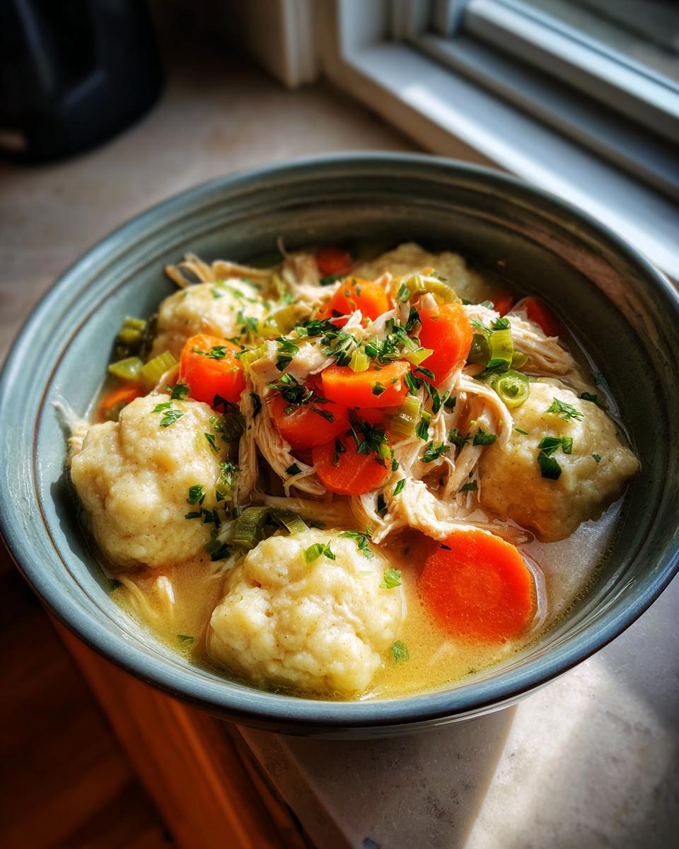 A close-up of a bowl of slow cooker chicken and dumplings, with fluffy dumplings, shredded chicken, and carrots in broth.