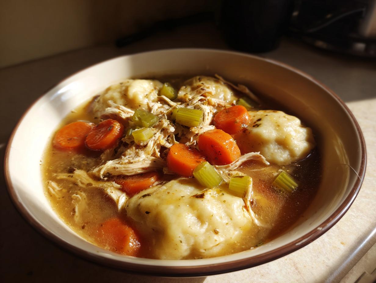 A comforting bowl of slow cooker chicken and dumplings, featuring shredded chicken, carrots, celery, and fluffy dumplings in broth.