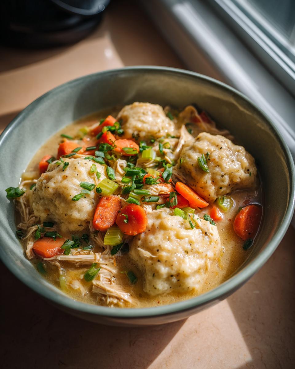 A bowl of comforting slow cooker chicken and dumplings with carrots and chives.