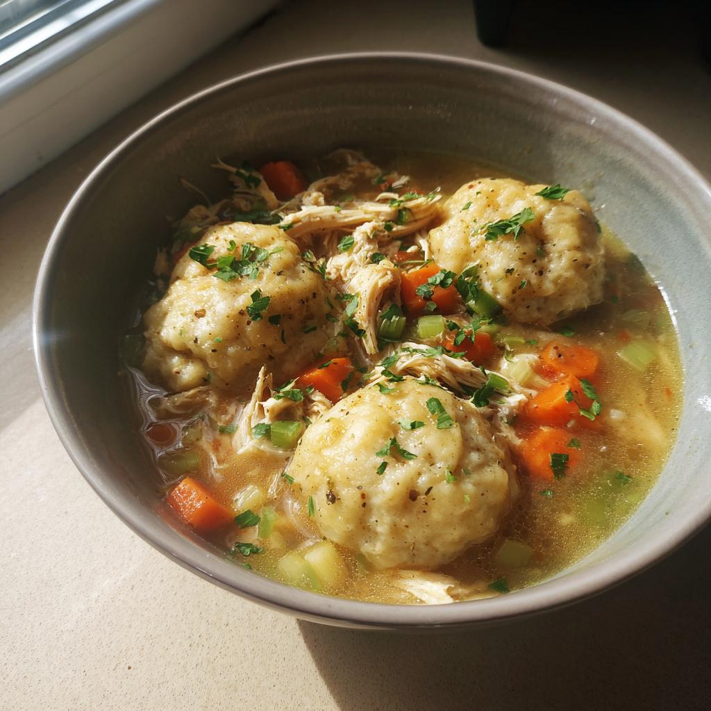 A comforting bowl of slow cooker chicken and dumplings, featuring fluffy dumplings, shredded chicken, carrots, and celery in broth, garnished with parsley.