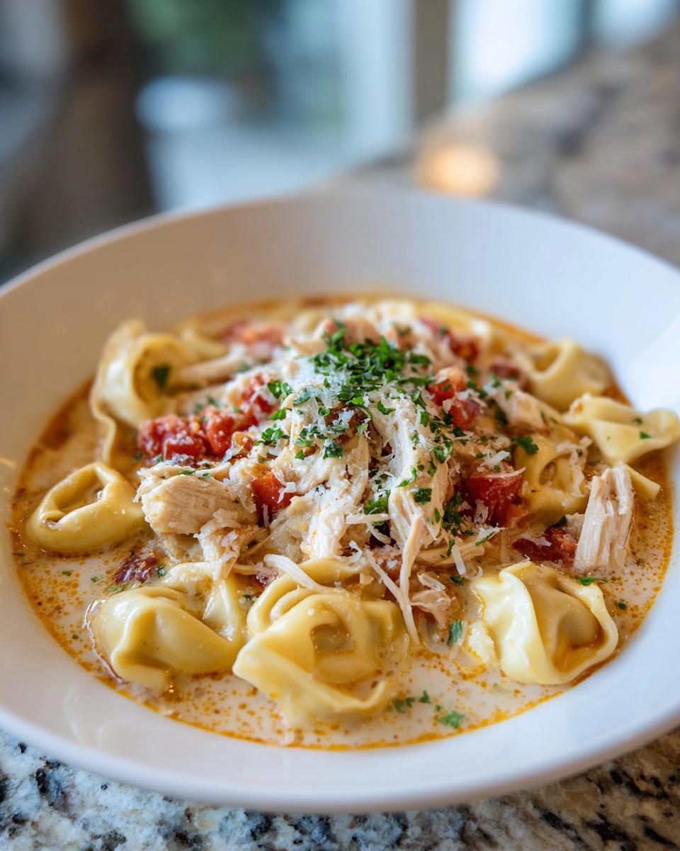 A bowl of creamy tortellini soup with shredded chicken, diced tomatoes, and grated parmesan cheese, garnished with parsley.