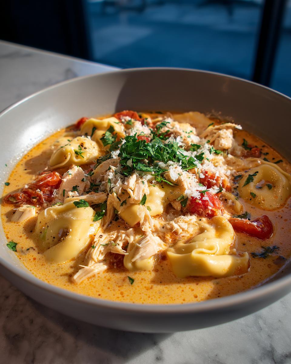 A bowl of creamy tortellini soup with shredded chicken, tomatoes, and fresh parsley, perfect for slow cooker recipes.