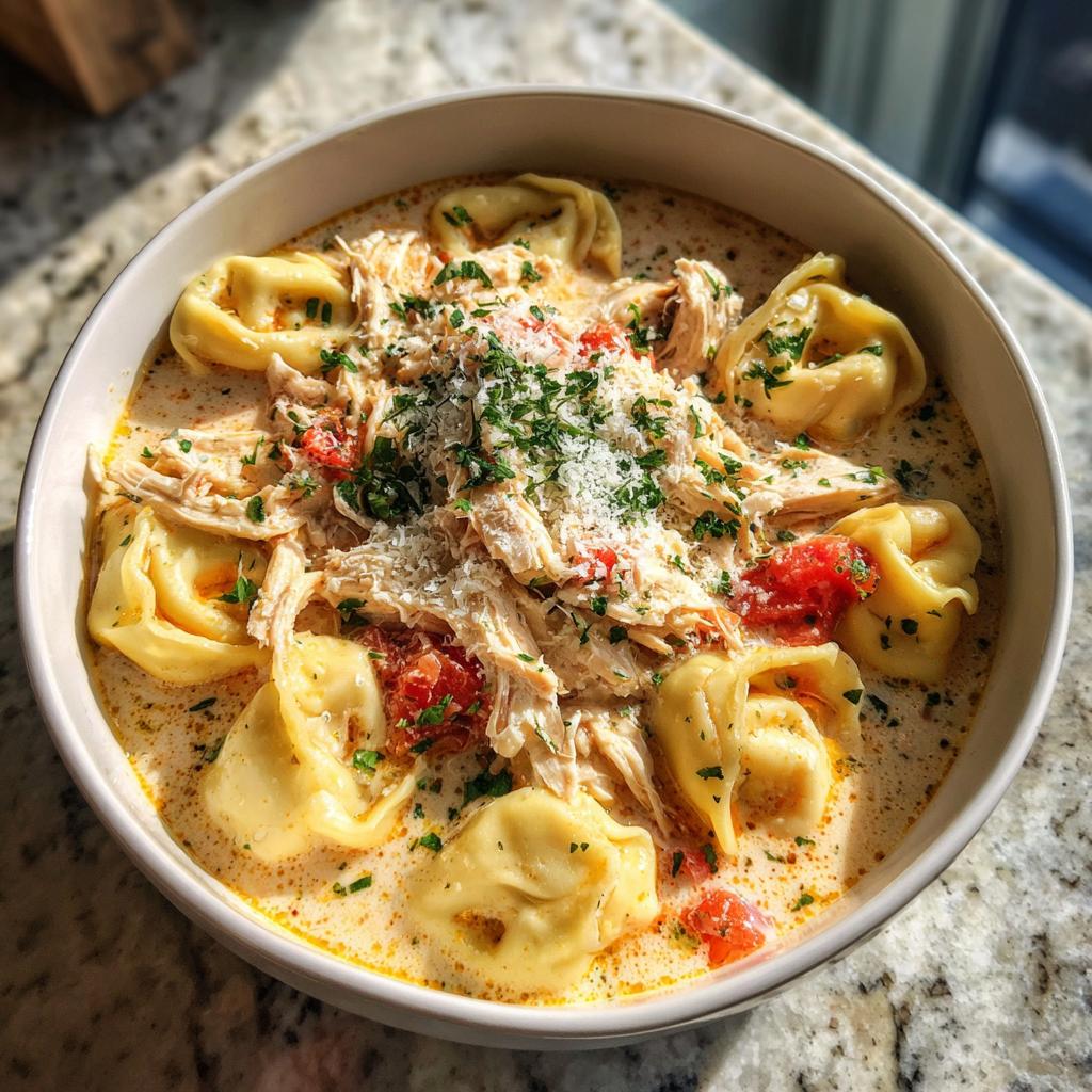A bowl of creamy tortellini soup with shredded chicken, diced tomatoes, and parsley, a perfect slow cooker recipe.