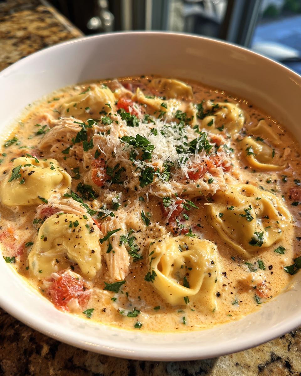 A bowl of creamy tortellini soup with shredded chicken, tomatoes, and parsley, a perfect slow cooker recipe.