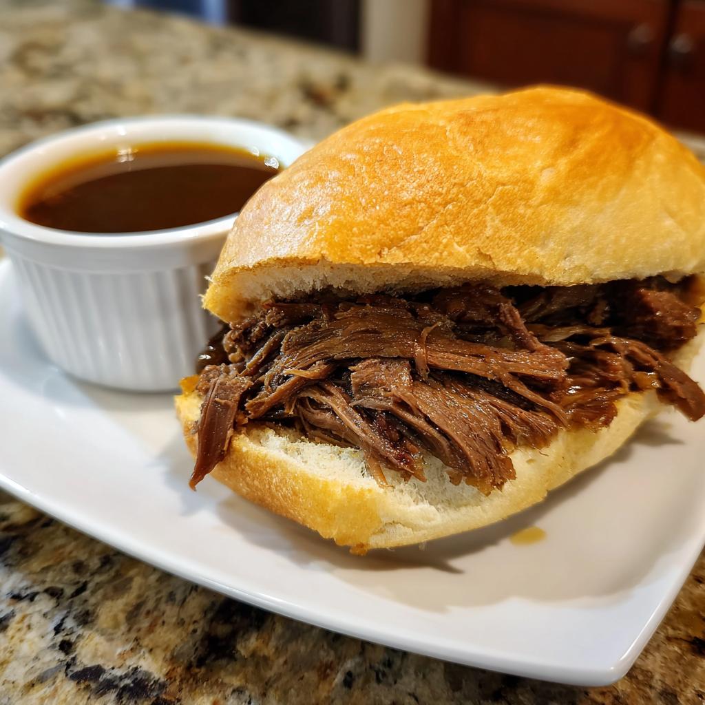 A delicious slow cooker French dip sandwich piled high with shredded beef, served with a side of au jus.