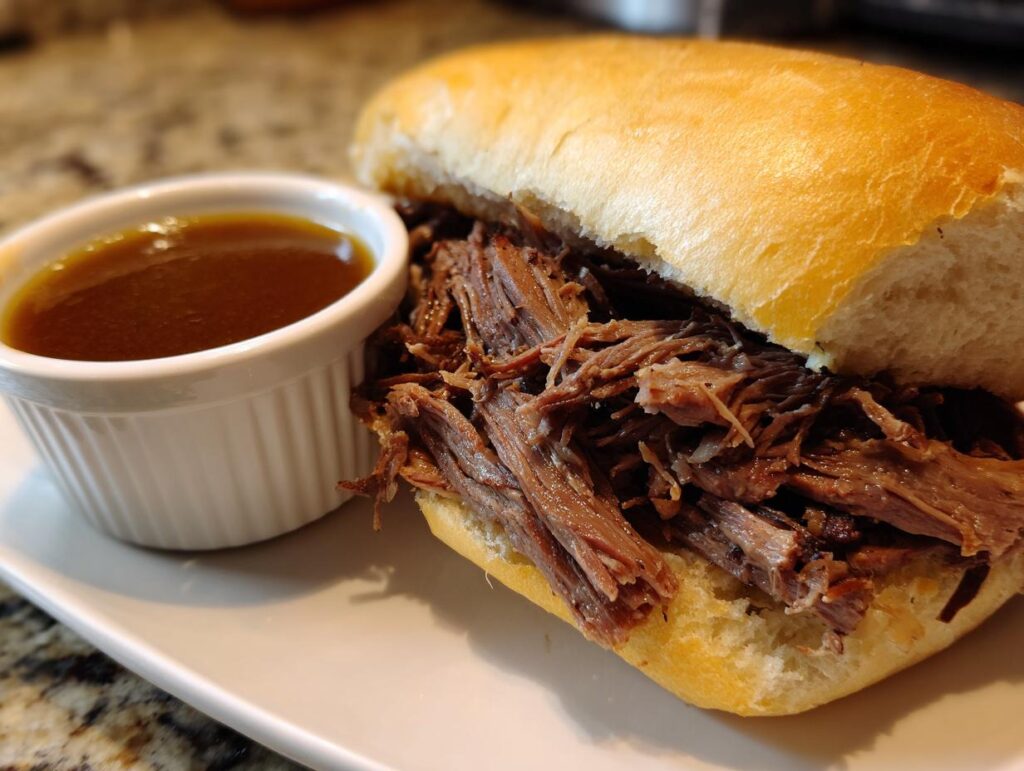 A delicious slow cooker French dip sandwich overflowing with shredded beef, served with a side of au jus.