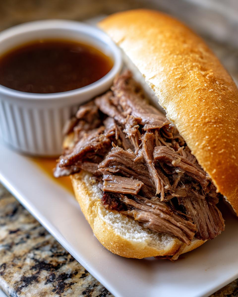 A delicious Slow Cooker French Dip sandwich piled high with shredded beef, served with a side of au jus.