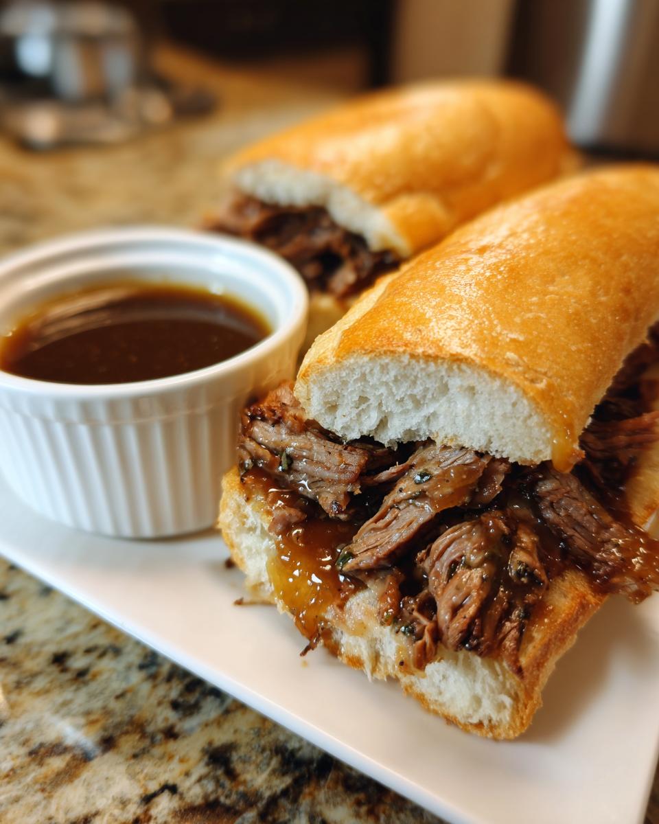 Two delicious slow cooker French dip sandwiches on a white plate with a side of au jus.