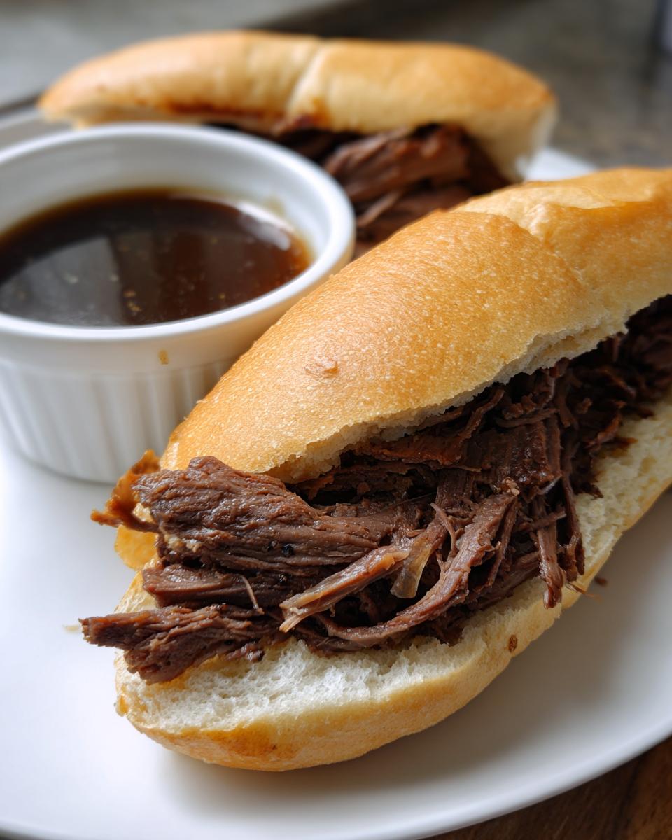 Close-up of a slow cooker French dip sandwich filled with shredded beef, served with a side of au jus.