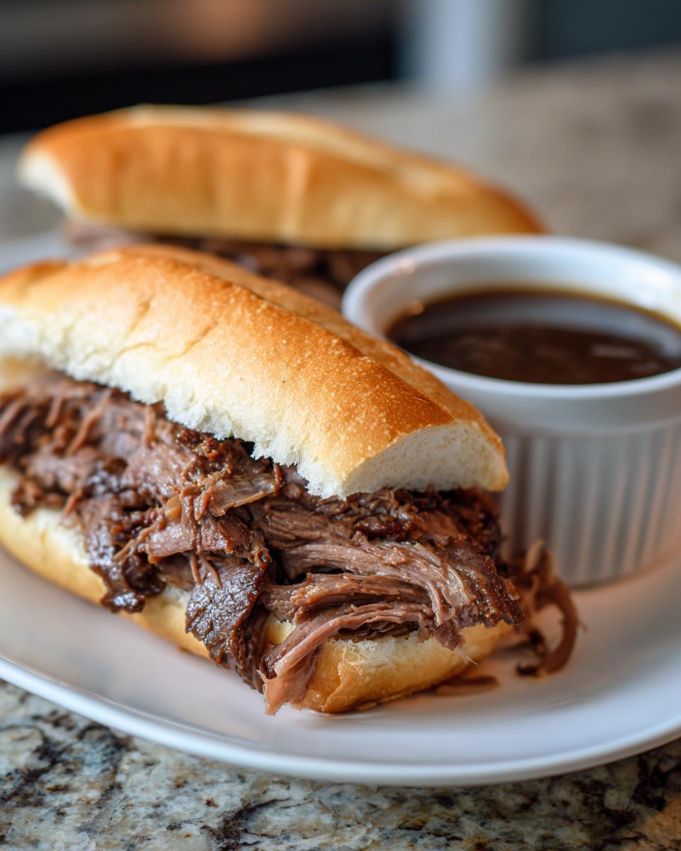 Close-up of a delicious Slow Cooker French Dip Sandwich overflowing with tender shredded beef, served with a side of au jus.