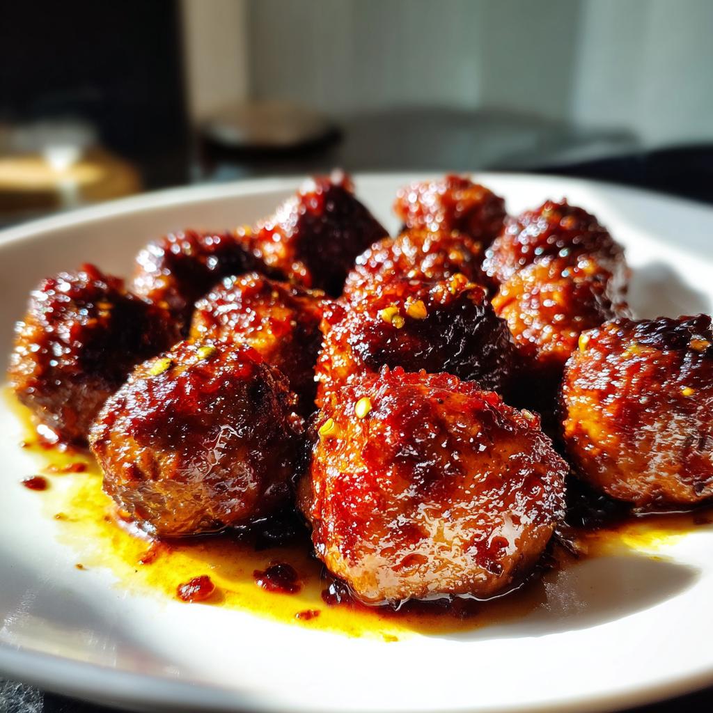 Close-up of a plate of glistening Honey Garlic Meatballs, coated in a rich, savory sauce with visible chili flakes.