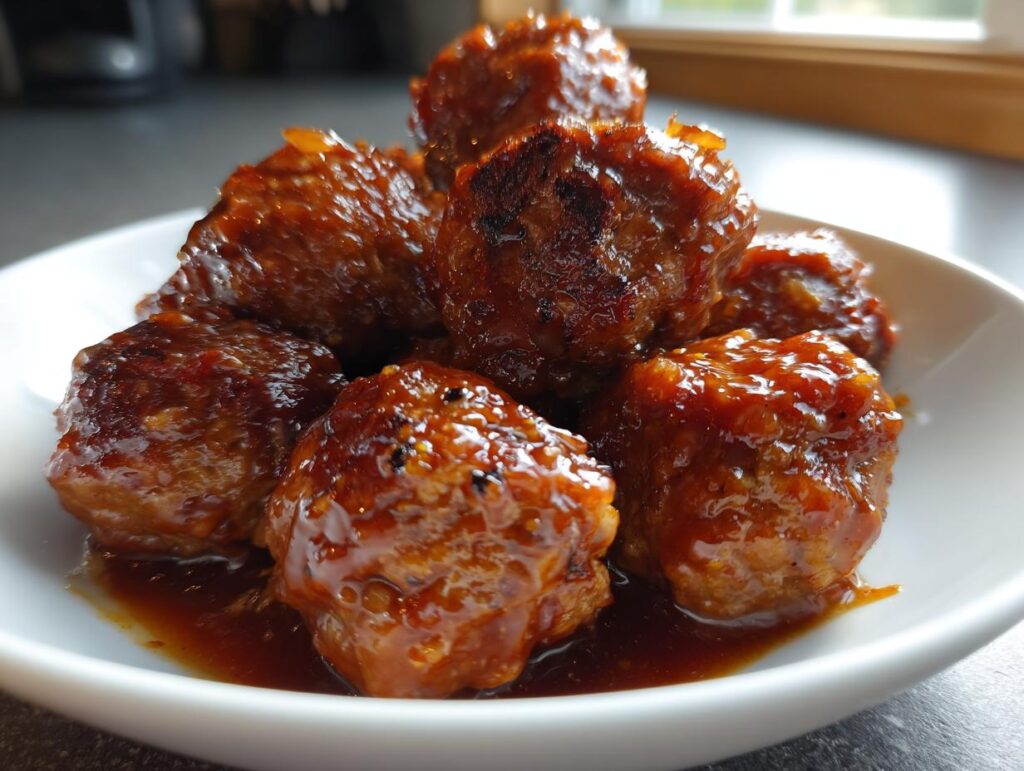 A close-up of several honey garlic meatballs coated in a glossy sauce, served in a white bowl.