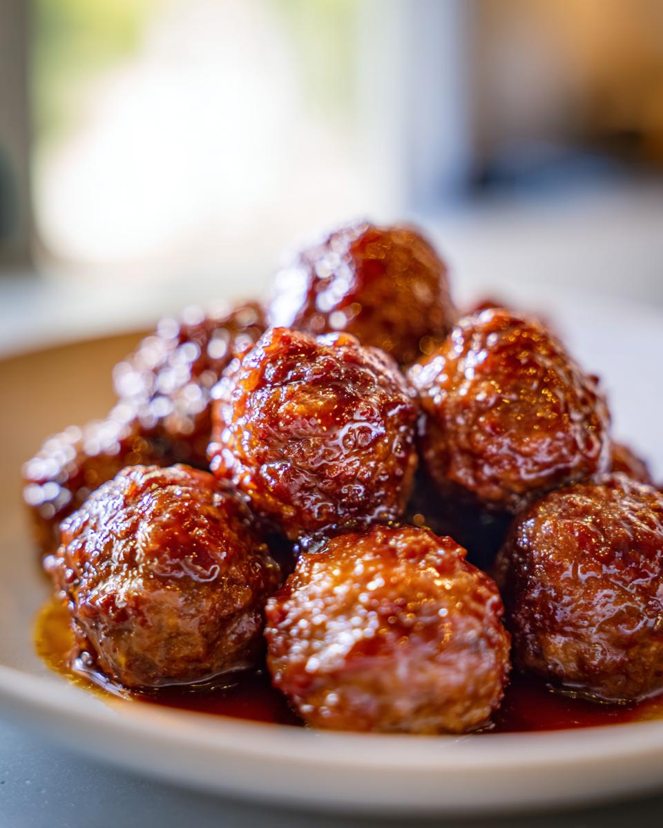 Close-up of glistening honey garlic meatballs in a rich sauce, perfect for slow cooker recipes.