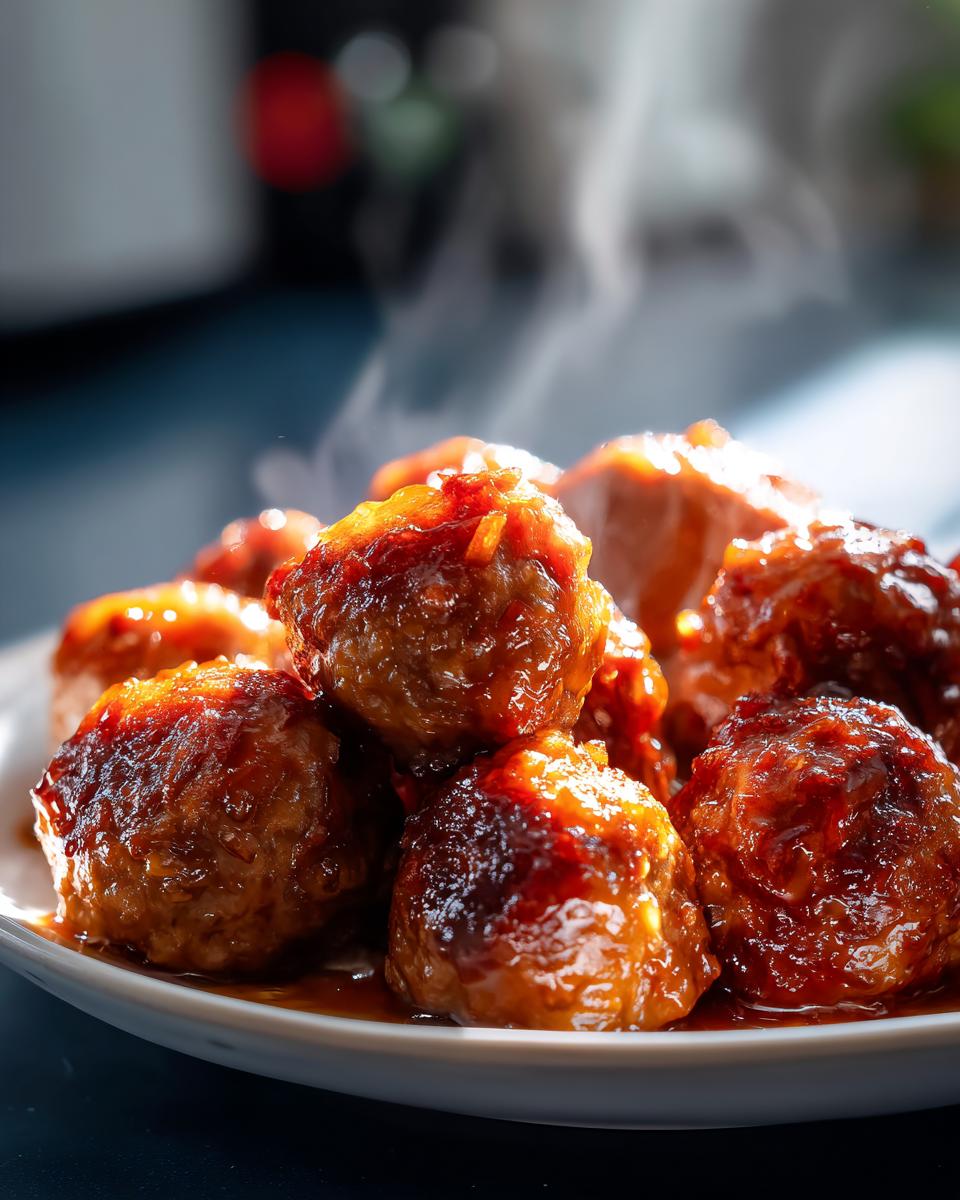 A close-up shot of steaming honey garlic meatballs coated in a glossy sauce, perfect for slow cooker recipes at party time.