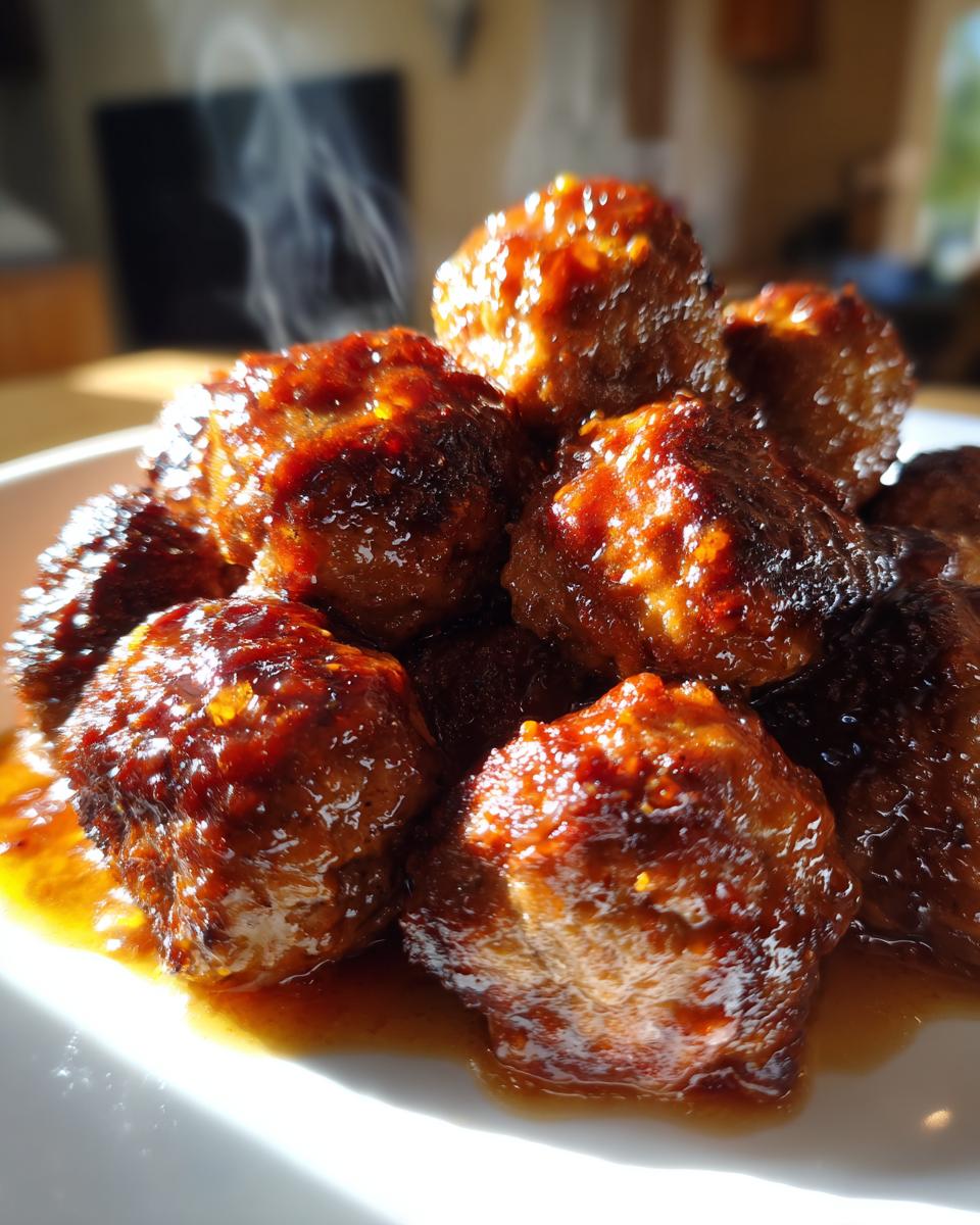 A close-up of steaming honey garlic meatballs in a glossy sauce, perfect for slow cooker recipes at party time.