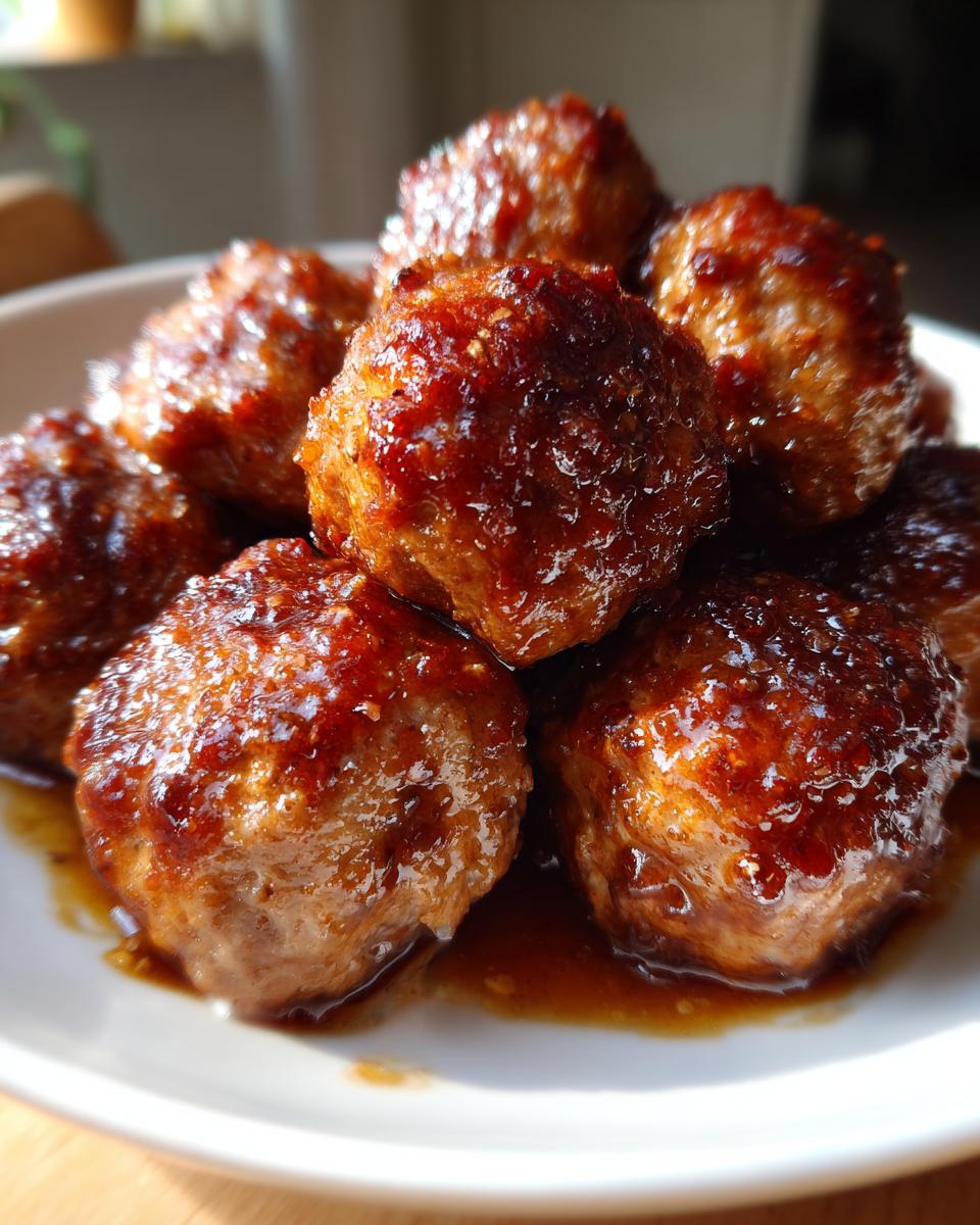 Close-up of glistening honey garlic meatballs in a white bowl, perfect for slow cooker recipes.