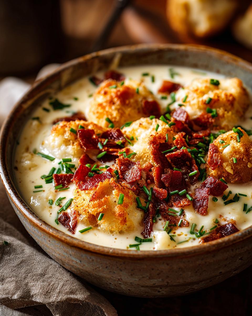 A close-up of a bowl of loaded baked potato soup, topped with crispy bacon, croutons, and chives.