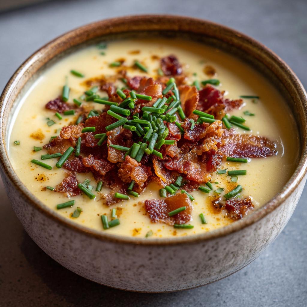 A bowl of creamy Slow Cooker Loaded Baked Potato Soup topped with crispy bacon and fresh chives.