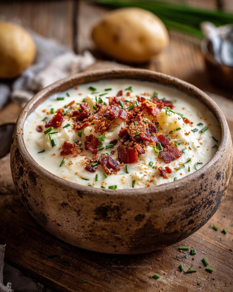 A rustic bowl filled with creamy loaded baked potato soup, topped with bacon bits and chives.
