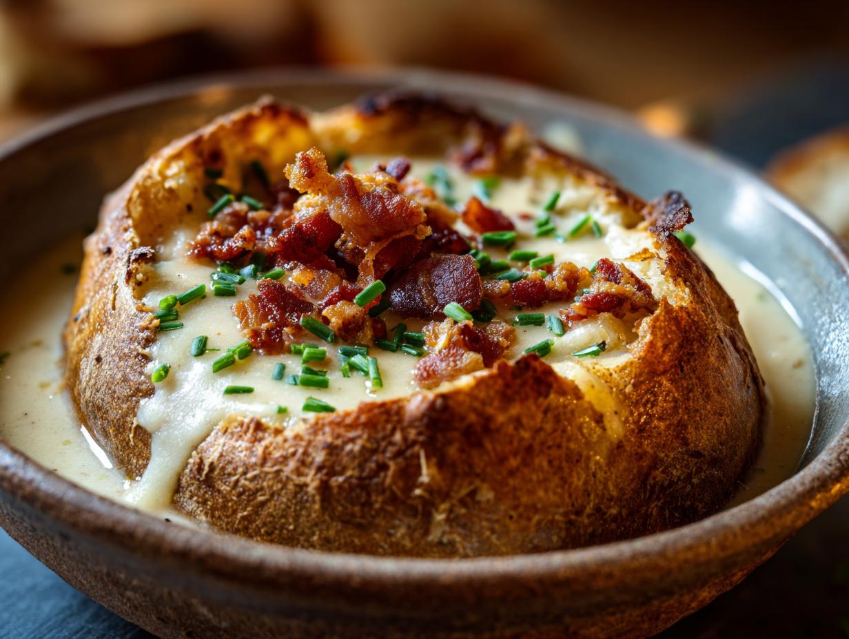 A close-up of slow cooker loaded baked potato soup served in a hollowed-out bread bowl, topped with bacon and chives.