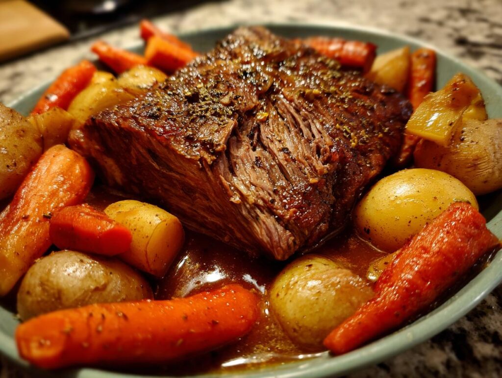 A tender slow cooker pot roast with roasted carrots and potatoes in a rich gravy, perfect for Sunday comfort.