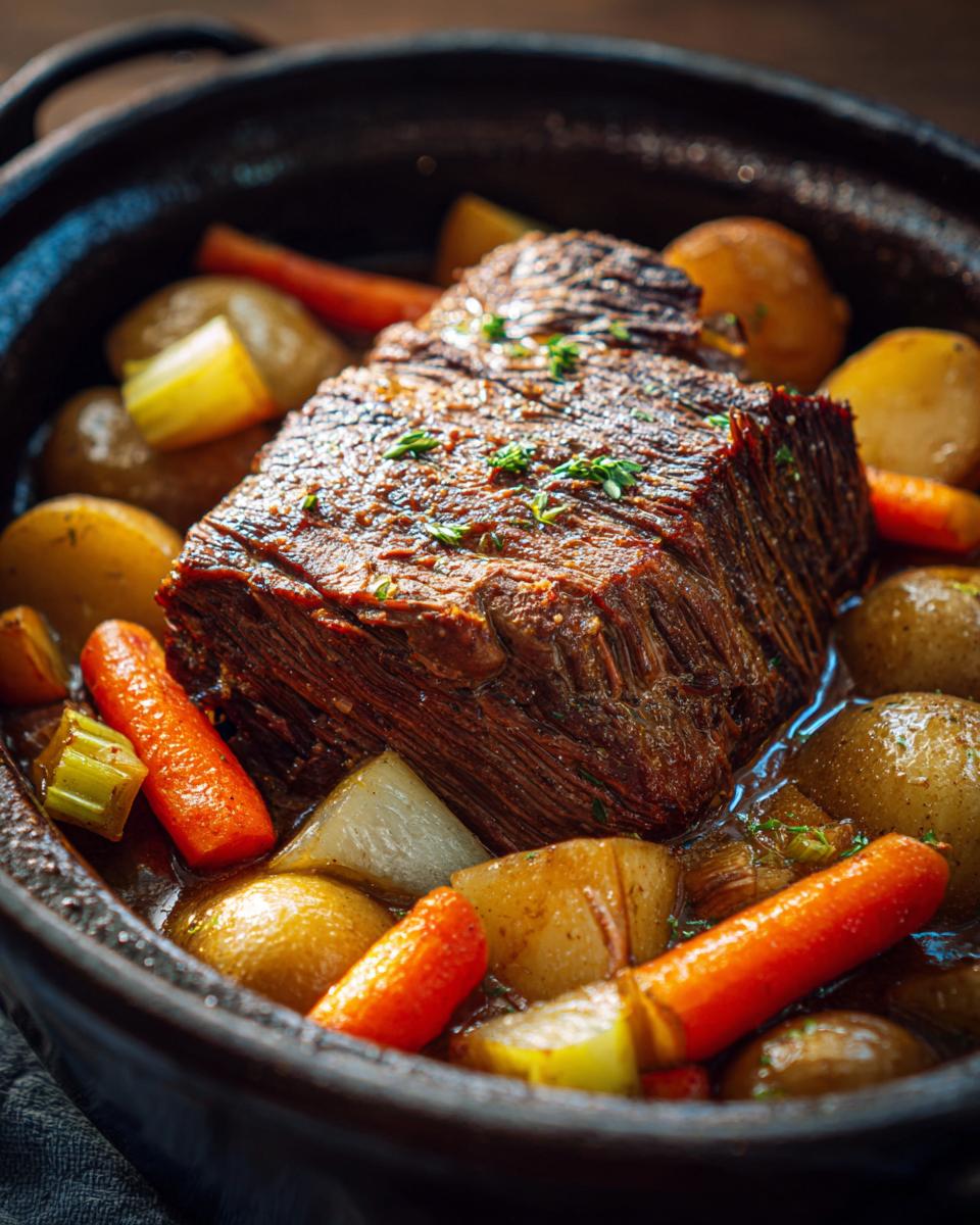 A hearty slow cooker pot roast with tender carrots and potatoes, perfect for Sunday comfort.