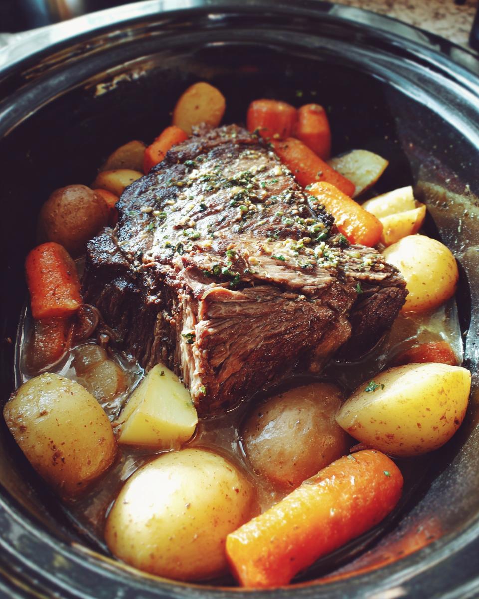 A tender slow cooker pot roast with potatoes and carrots, seasoned with herbs, in a crock pot.
